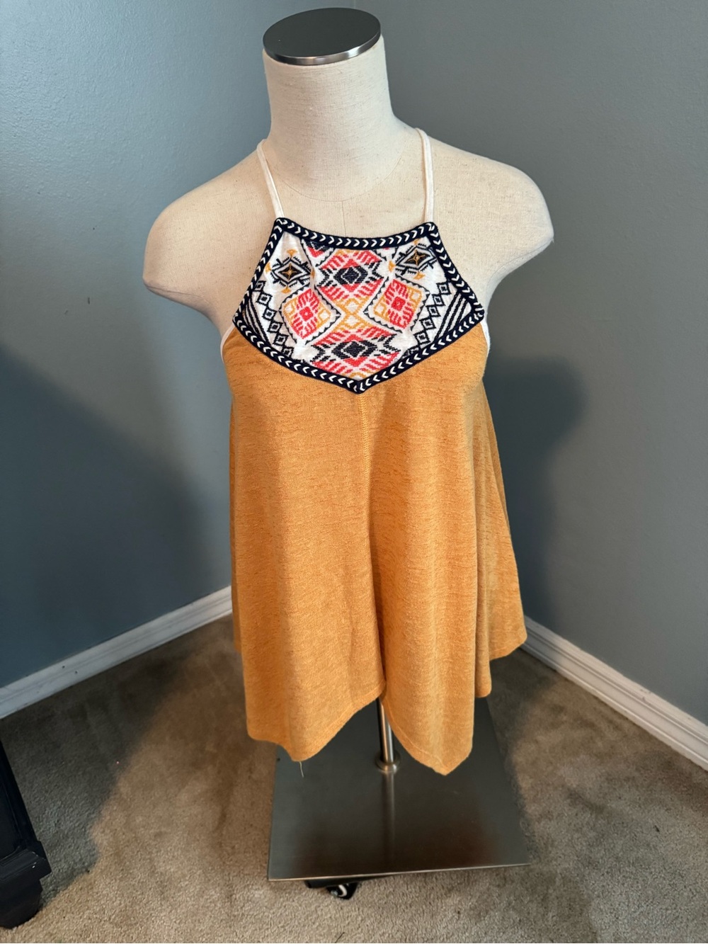 Rewind Boho Embroidered Halter Neck Tank Top in Mustard